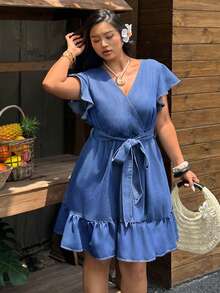 EMERY ROSE Women's Plus Size V-Neck Tie-Front Ruffle Denim Sweet Casual Daily Mini Dress - Blue - View 5