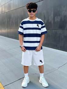 SHEIN Kids 2pcs/Set Tween Boy Casual Striped Logo Print Short-Sleeved T-Shirt Solid Color Shorts Two Pieces Suit, Suitable For Outdoor Summer Suitable For School, Garden, Beach, Birthday Spring, Summer - Blue and White - View 7