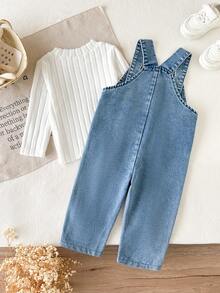 SHEIN Vintaside Kids 2pcs Baby Girl Spring/Autumn Cute Rabbit Outfit, White Ribbed Crew Neck Long Sleeve Bodysuit, Paired With Washed Denim Overall Pants, 3D Rabbit Patch - Blue - View 2