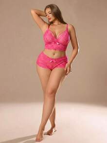 Auralis Große Größen 2 Stücke Sexy Spitzen Dessous Set für Damen - Heißes Pink - Übersicht 5