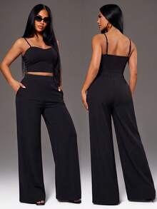 Radiana Women's Solid Color Cropped Tank Top Long Pants 2 Pieces Set Date Night Black Summer Sexy Night Out - Black - View 5