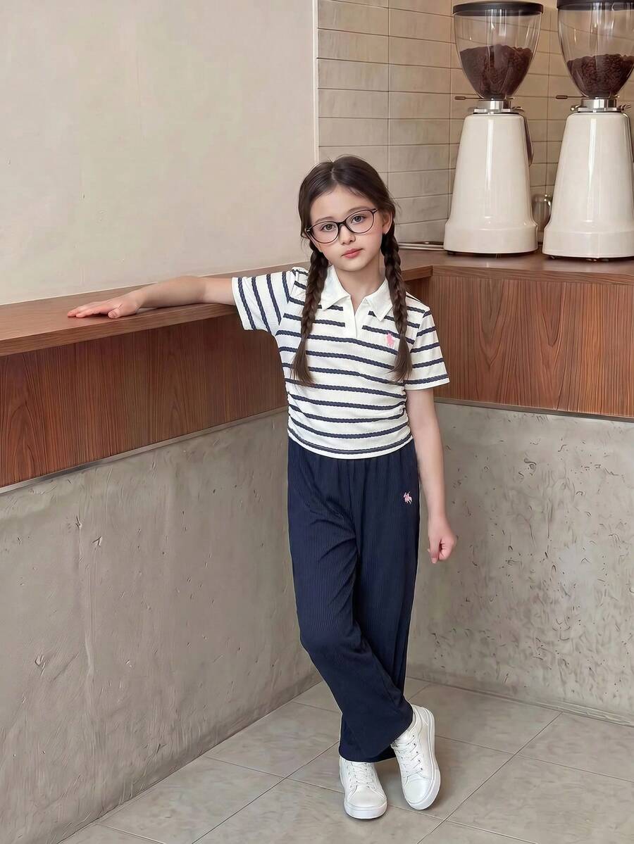 Casuvi Kids Set Kasual Kaos Lengan Pendek Bergaris dan Celana untuk Anak Perempuan Remaja