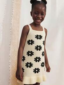 Maija Kids Maija Kids 1件少女休閒優雅度假風精緻寬鬆可愛黑色花卉圖案針織白色無袖吊帶毛衣洋裝，適合日常穿著、返校、外出、聚會、假日派對，春夏季適用 - 黑與白 - 查看 7