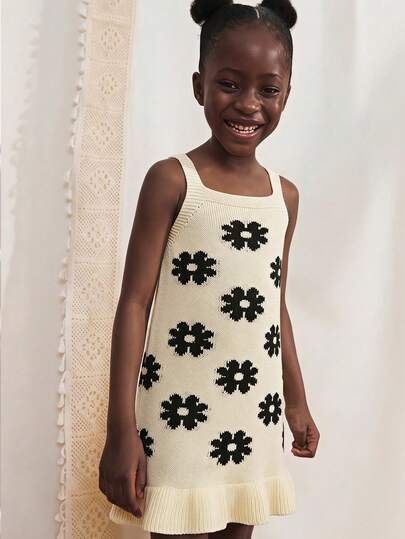 Maija Kids Maija Kids 1件少女休閒優雅度假風精緻寬鬆可愛黑色花卉圖案針織白色無袖吊帶毛衣洋裝，適合日常穿著、返校、外出、聚會、假日派對，春夏季適用