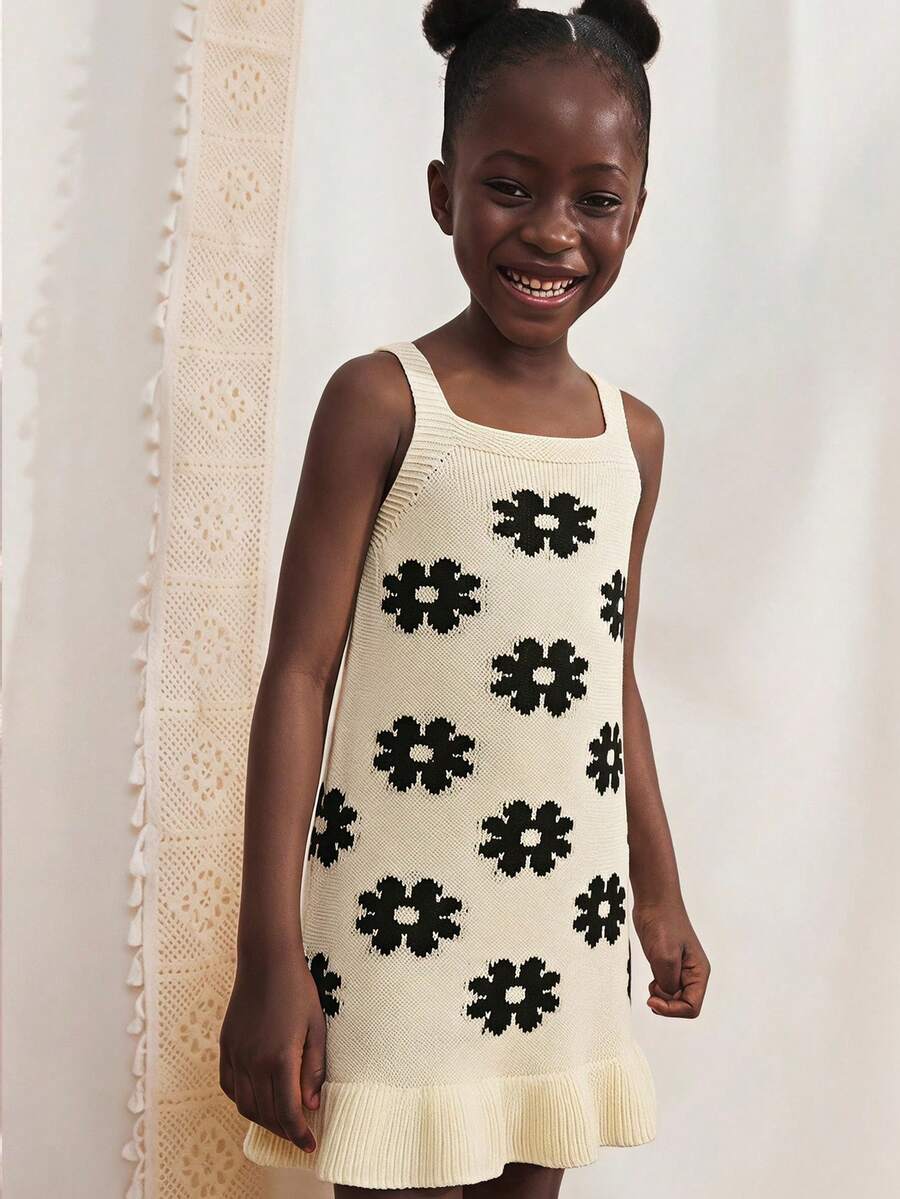 Maija Kids Maija Kids 少女休閒仙氣優雅度假風 精緻寬鬆可愛黑色花卉圖案針織白色無袖細肩帶毛衣洋裝 生日秋季 - 黑與白 - 查看 1