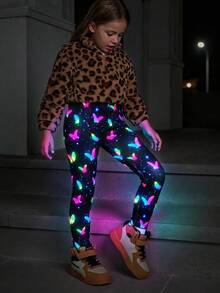 SHEIN 少女 Young Girl 印花時尚秋冬緊身褲 - 黑色 - 查看 5