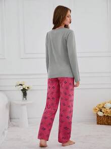 SHEIN Cottnline 100 Cotton 2Pcs Animal Printed PJ Set Sleep Grey Dark Pink Autumn Cute Kawaii - Grey - View 2