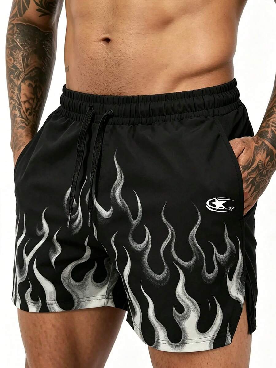 GymBeat Men's Flame Print Drawstring Waist Pocket Sports Shorts - Multicolor - View 1