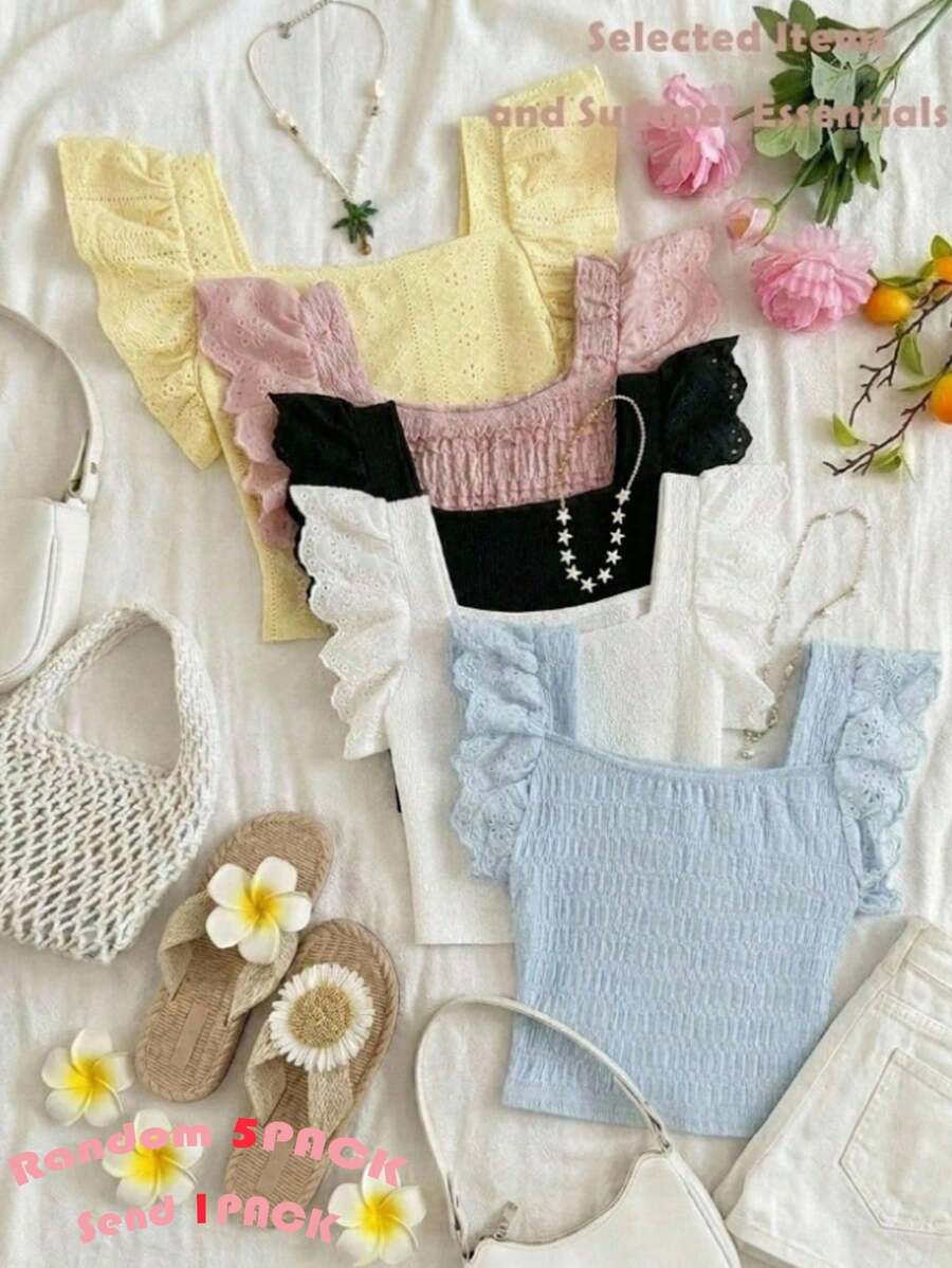 Áo ba lỗ cổ vuông thêu rỗng màu trơn cho nữ thiếu niên - màu đen - Xem 1