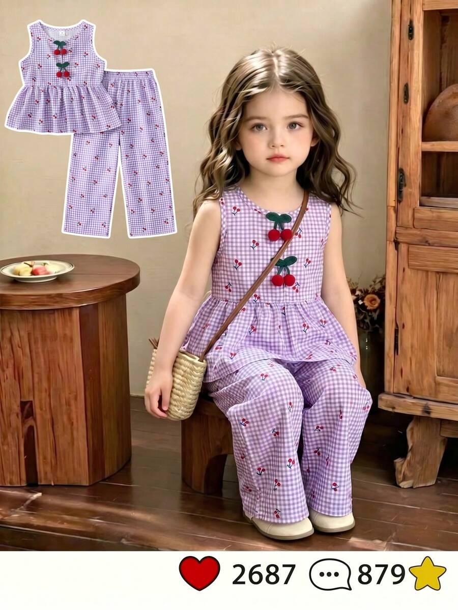 SHEIN Vintaside Kids 少女新款清新甜美藍白格紋櫻桃印花無袖上衣 3D鉤編櫻桃裝飾 + 寬鬆寬腿長褲 2件套,適合日常休閒海灘度假,夏季 - 紫色 - 查看 1
