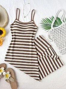 SHEIN Girlism 青少年女孩夏季新款紋理黑白條紋細肩帶洋裝 休閒日常時尚 百搭復古街頭風 姐妹拍照 公園露營旅行派對 - 彩色 - 查看 4