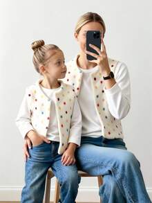 SHEIN 女童秋冬休閒彩色波點無袖外套 - 白色 - 查看 8