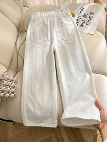 SHEIN Girls & Teens White Casual Denim Jeans,Back-To-School Drawstring Elastic Waist,Mid-Rise,Loose Fit,Pockets,Wide Leg,Comfortable For Daily Wear,Dancing - White - View 2