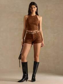 SHEIN BAE 女款夏季休閒純色低腰短褲 - 棕色 - 查看 6