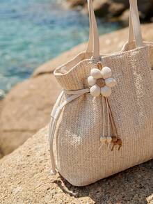 Swim Chiccia Nueva bolsa de playa de verano tejida, bolso de hombro casual para ir y venir, cierre de cordón, gran capacidad y versátil para mujeres - Beis - Ver 4
