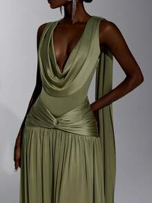 Elitara Elegant Luxurious Beaded Sequin Cowl Neck Back Flutter Sleeve Tassel Elastic Knit Mesh Ruched Bandeau Full Skirt Dress With Strapless Piece For - Army Green - View 1