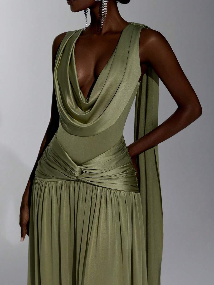 Elitara Elegant Luxurious Beaded Sequin Cowl Neck Back Flutter Sleeve Tassel Elastic Knit Mesh Ruched Bandeau Full Skirt Dress With Strapless Piece For - Army Green - View 1