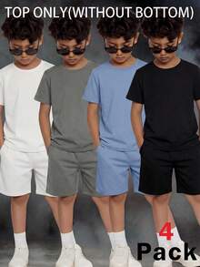 SHEIN 4件組兒童青少年男童休閒字母印花圓領套頭針織T恤套裝，4款不同款式，黑色、灰色、藍色、白色，寬鬆版型短袖針織T恤，適合度假與外出，買1送3，高CP值 - 彩色 - 查看 1