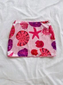 Soleia WYWH 女款假日浪漫派對風復古西式橘金色沙底亮片刺繡低腰開衩迷你裙 - 粉色 - 查看 2