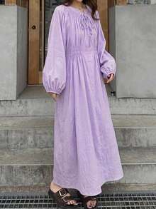 DAZY Loose Long Sleeve Long Solid Color Dress Summer Outfit Women's Nightgown Pajamas - Lilac Purple - View 3
