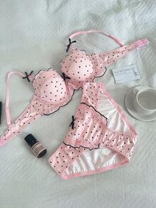 Napfluff Set Bra Push-Up Setengah Cup Motif Polkadot Pink & Hitam dengan Pita untuk Wanita - Coral Pink - View 5