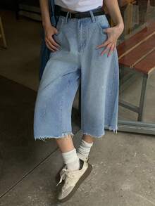 DAZY 水鑽裝飾磨損休閒度假風夏季女款牛仔短褲 - 淺色水洗藍 - 查看 2
