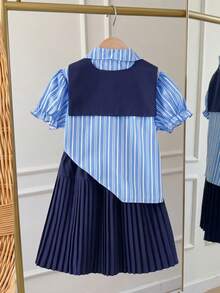 SHEIN 3-Piece Tween Girls Loose Casual Chic Design Print Striped Collared Ruffle Short Sleeve Shirt & Colorblock Shawl Vest Top & Colorblock Pleated Ruffled Umbrella Skirt Set, Suitable For Daily Commute, Casual, Vacation, School, Street Style, Shopping And More - Royal Blue - View 8