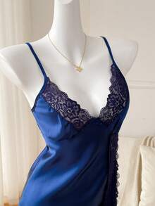 Moireta Camisón sin mangas de unicolor con encaje de contraste para mujer - Azul Marino - Ver 4