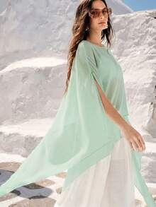 SHEIN Women's Solid Color Round Neck Asymmetric Design Loose Top For Vacation - Mint Green - View 3