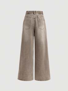 SHEIN 2Pcs Teen Girls Loose And Comfortable Khaki Denim Unbuttoned Jacket And Simple Jeans For Dailywear Birthday Summer Streetwear - Khaki - View 6