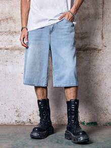 Skyrend 男士直筒刺繡牛仔短褲哥德龐克街頭風適合Emo男孩Grunge風格 - 淺色水洗藍 - 查看 2