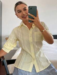 DAZY 女款純色收腰長袖休閒老錢風優雅夏季襯衫，適合校園穿搭 - 白色 - 查看 6