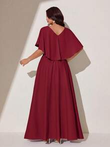 Viva Relle Plus Size Women's Summer Deep V-Neck Cinched Waist A-Line Dress With Ruffle Trim Short Sleeve Long Dress For Outings, Parties, Elegant Gatherings And Weddings - Burgundy - View 2