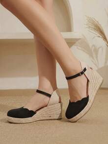 Styleloop Retro Simple Wind Wavy Edge Wedge Heel Shoes; Black Buckle With Closed Toe Versatile Commuter Sandals - Black - View 10