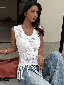 Yunfilé Women's Summer Casual Boho Holiday Style Tassel Hem Hollow Out Knit Vest Vacation White - White - View 5