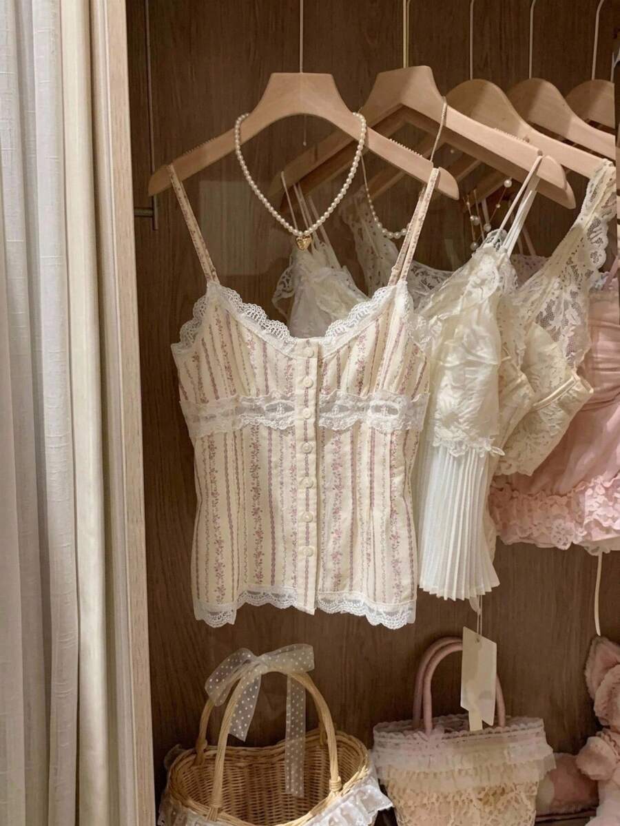 CovetEZ 女款花卉對比蕾絲時尚細肩帶背心上衣 - 粉色 - 查看 1