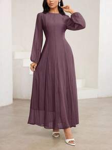 Veilorie 3/4 Sleeve High Neck Waist Gather Ruched Elegant Versatile Dress - Purple - View 5