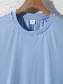 SHEIN 2件組青少年男孩休閒寬鬆舒適Logo裝飾短袖上衣與短褲套裝，春夏款 - 藍色 - 查看 4