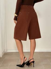 SHEIN PETITE Women's Solid Color Pocket Casual Versatile Knee Length Shorts Bar Daily Work Shades Of Brown Autumn,Shorts For Women,Petite,Office Casual,Vacation - Brown - View 2