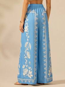 CAJUNI Women's Boho Tropical Plant Print Long Pants, Casual Vacation Beach Summer Extra Long Wide Leg Pants - Baby Blue - View 2