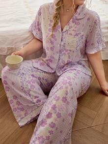 CottageSlumber Conjunto de Pijama Talla Grande con Estampado Floral & Cuadros Romántico Pastoral - Multicolor - Ver 1