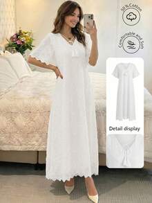 Yasmyna Spring/Summer Fashion Vacation V-Neck Short Sleeve Placed 3D Embroidered Flared Dress - White - View 1