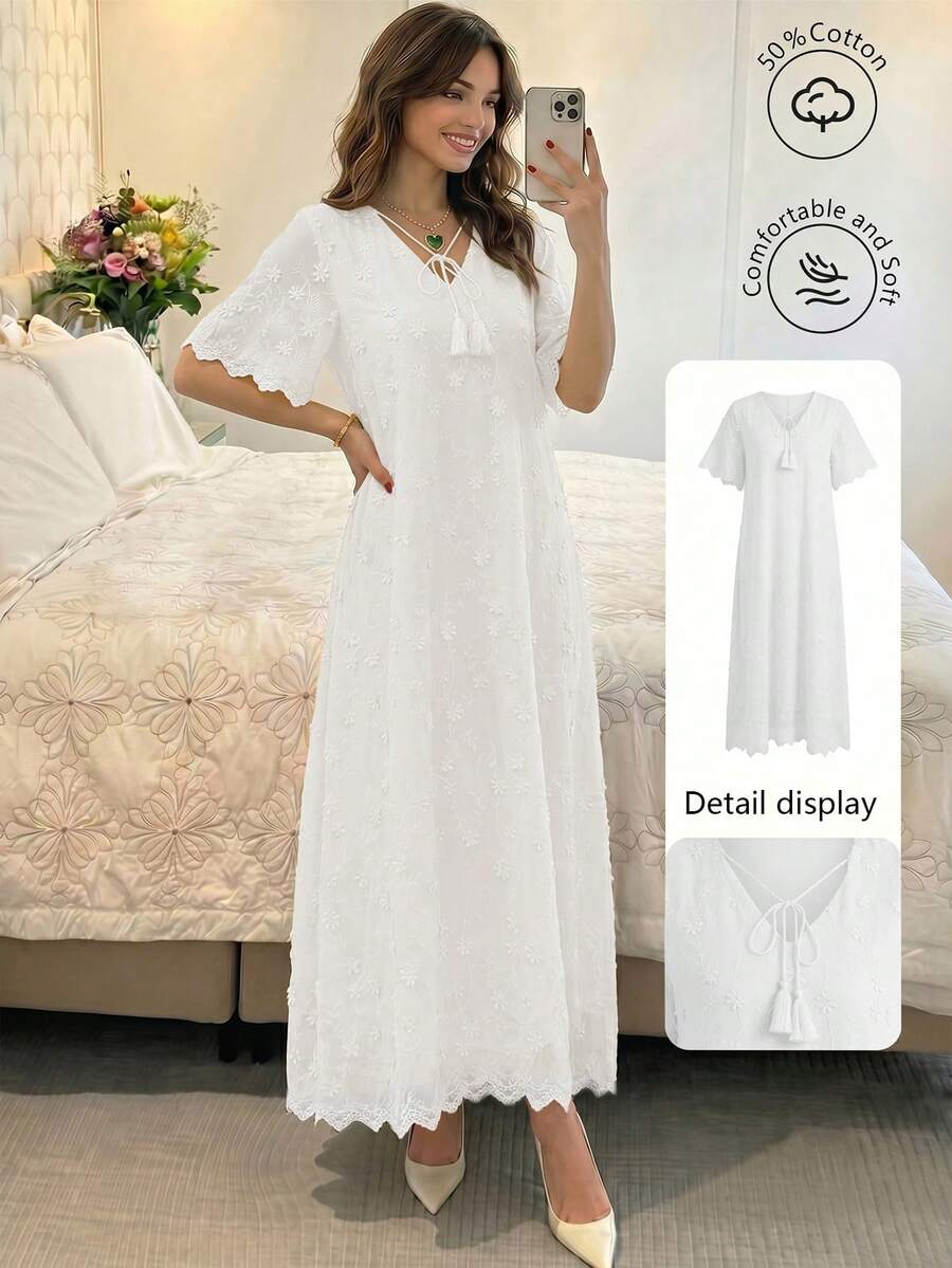 Yasmyna Spring/Summer Fashion Vacation V-Neck Short Sleeve Placed 3D Embroidered Flared Dress - White - View 1