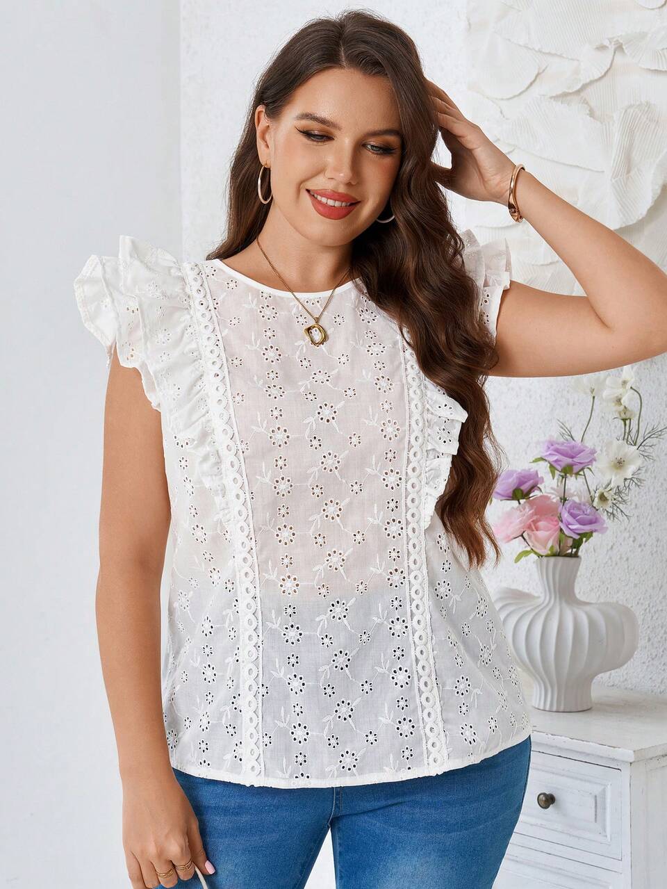 Plus Size Women's Summer Embroidered Solid White Shirt Blouse Top,Going Out Tops, Beach Top,Boho ,Daily Wear,Ruffle Top,Back To School,Formal,Fall