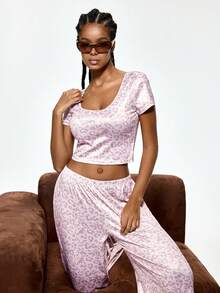 Rest Era Women's Spring/Summer Fashion Minimalist Apricot Leopard Print Pajama Set - Multicolor - View 7