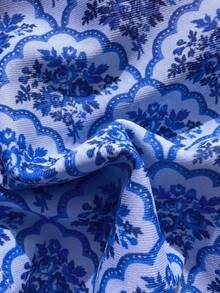 Swim Mod 花卉荷葉邊可愛甜美復古休閒度假海邊海灘女款泳衣套裝 - 藍色 - 查看 6