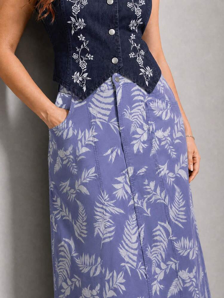 EMERY ROSE Vintage Casual White Printed Leaf Print Pocket Ruffle Flared Hem Knee Length Vacation Outing Plus Size Denim Skirt For Women - Mauve Purple - View 6