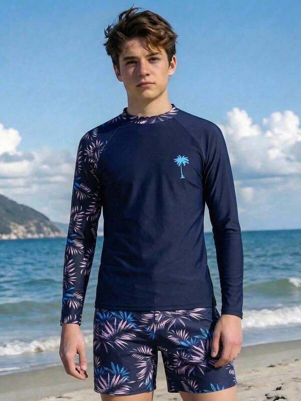 SHEIN Conjunto de 2 piezas de traje de baño con estampado de palmeras de coco en todo el Body, manga larga y pantalones cortos, casual para vacaciones de adolescentes, adecuado para vacaciones en la playa, fiesta en la piscina, primavera, verano, todas las estaciones