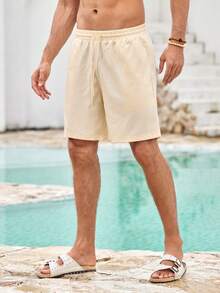 Mercer Haus Men's Summer Vacation Solid Color Drawstring Waist Slant Pocket Shorts - Apricot - View 4