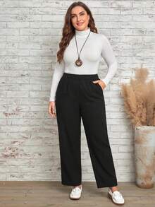 SHEIN PETITE CURVE 大尺碼純色極簡休閒長褲 秋季 - 黑色 - 查看 6